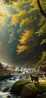 River flows through an autumn forest with animals under dappled sunlight.