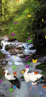 Peaceful forest stream with butterflies and storks in vibrant nature.