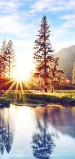 Majestic sunrise over forest with lake reflection.