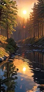 Serene sunset over forest stream with reflections.