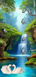 Serene forest wallpaper with swans, butterflies, waterfall, and lush greenery.