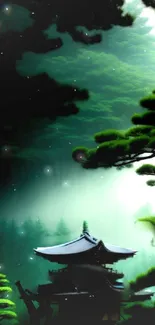 Serene green forest with a temple under starry sky.