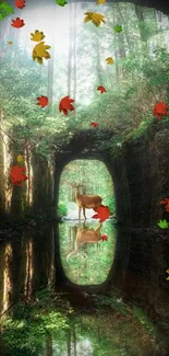 Serene forest tunnel with deer and green reflection.