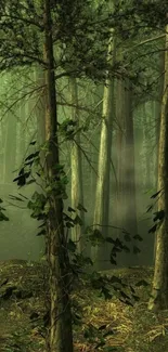 Serene forest scene with green trees and sunlight.