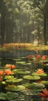 Serene forest pond with blooming water lilies.