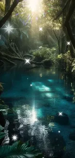 Serene forest stream reflecting sunlight and lush greenery.