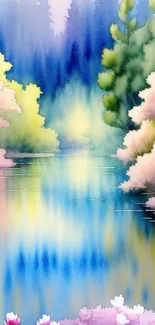 Serene watercolor forest with a reflective lake and vibrant colors.