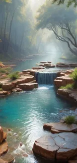 Serene forest waterfall with turquoise water and lush greenery.