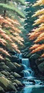 Serene forest with waterfall and autumn leaves, artistic wallpaper.