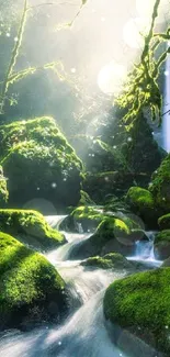 Serene forest waterfall with mossy rocks and sunlight filtering through.