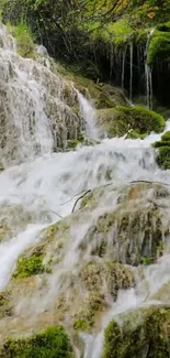 Serene forest waterfall with mossy rocks.