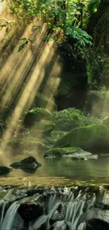 Serene waterfall in a lush green forest with sunlight filtering through trees.