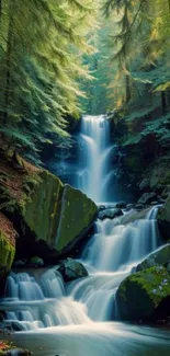 Serene waterfall scene in a lush green forest.