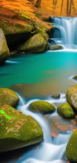 Serene waterfall with teal pool surrounded by autumn forest.