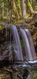 Serene forest waterfall with lush trees and moss-covered rocks.