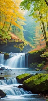 Serene autumn forest with a cascading waterfall and lush green trees.