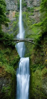 Stunning waterfall with lush greenery and a scenic bridge.