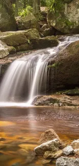 Tranquil waterfall amidst lush greenery and rocks in a serene forest setting.