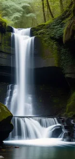 A serene forest waterfall scene for a mobile wallpaper background.