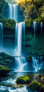 Beautiful forest waterfall with lush greenery and cascading waters in sunlight.