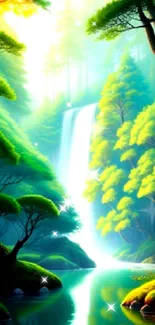 Lush forest with a cascading waterfall and sunlit trees in vibrant green hues.