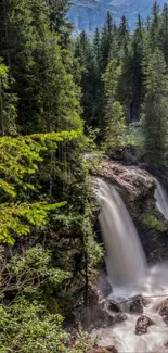 Wallpaper of a serene waterfall in a lush green forest landscape.