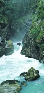 Serene waterfall flowing through lush green forest cliffs.