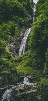 Serene waterfall cascading in a lush green forest landscape.