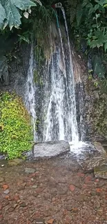 Serene waterfall cascading in lush forest scenery with green surroundings.