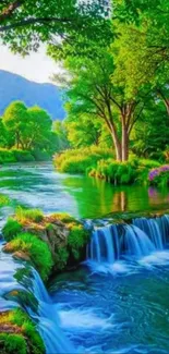 Serene waterfall in a lush green forest with vibrant colors.