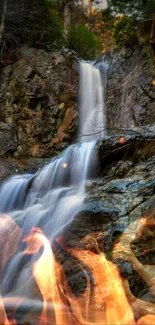 Mobile wallpaper of a serene waterfall in a green forest setting.