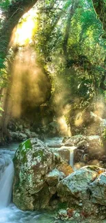 Serene forest scene with waterfall sunlight streaming through trees.