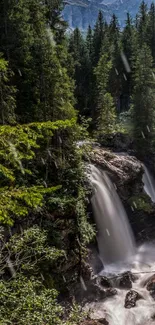 Serene waterfall cascading through a lush green forest.