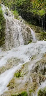 Serene waterfall cascading over moss-covered rocks in a lush green forest setting.