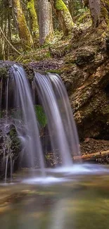 Serene forest waterfall mobile wallpaper with lush greenery.