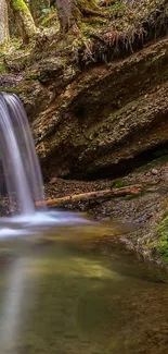 Serene waterfall amidst lush forest greenery, perfect for nature-inspired wallpaper.