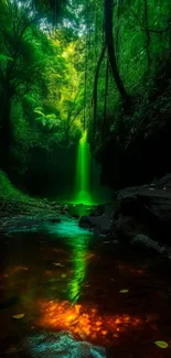 Serene waterfall surrounded by green forest landscape.