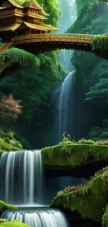 Serene forest waterfall with wooden bridge and lush greenery.