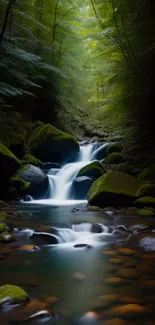 A tranquil forest waterfall surrounded by lush greenery, creating a serene atmosphere.