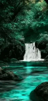 Serene waterfall in lush forest setting with teal waters.