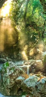 Serene forest waterfall with sunbeams streaming through lush green foliage.