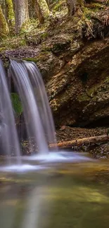 Serene waterfall in lush forest setting.