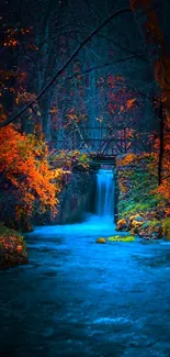 Serene forest waterfall with autumn colors on phone wallpaper.