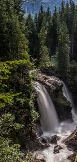 Serene waterfall amidst lush forest greenery.