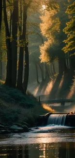 Sunlit forest with a serene waterfall and lush greenery.