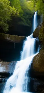 Serene waterfall in lush forest landscape, ideal for mobile wallpaper.