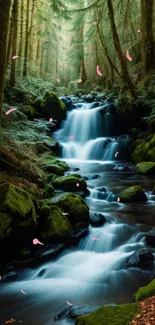 Serene waterfall in a lush, green forest setting.