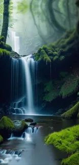 Lush forest with a cascading waterfall.