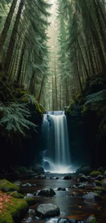 Serene waterfall flowing in a lush forest.