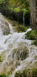 Serene forest waterfall with lush greenery and cascading water in natural setting.